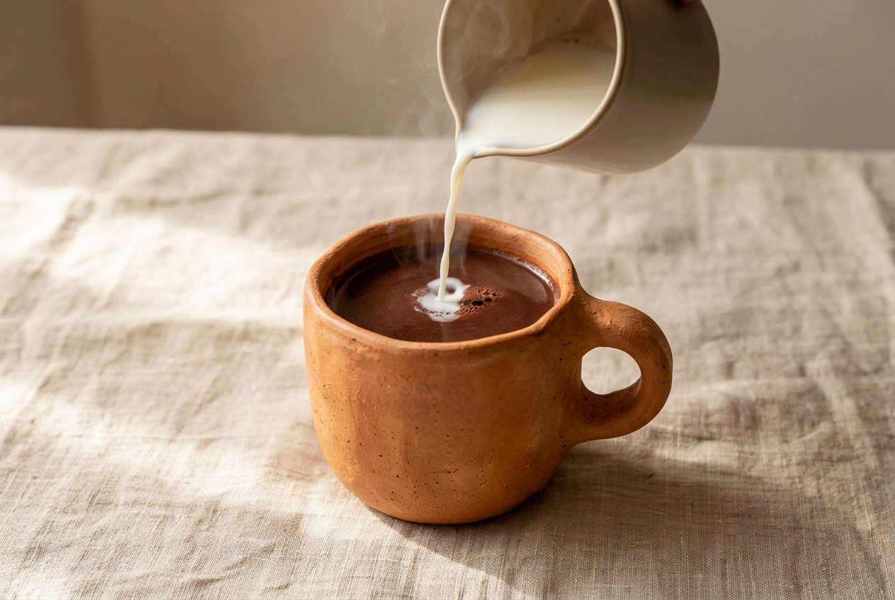 Pouring warm milk into a cacao mug on linen