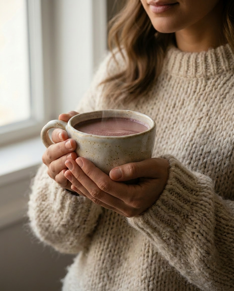 Hands cradling a warm mug of cacao by a sunlit window